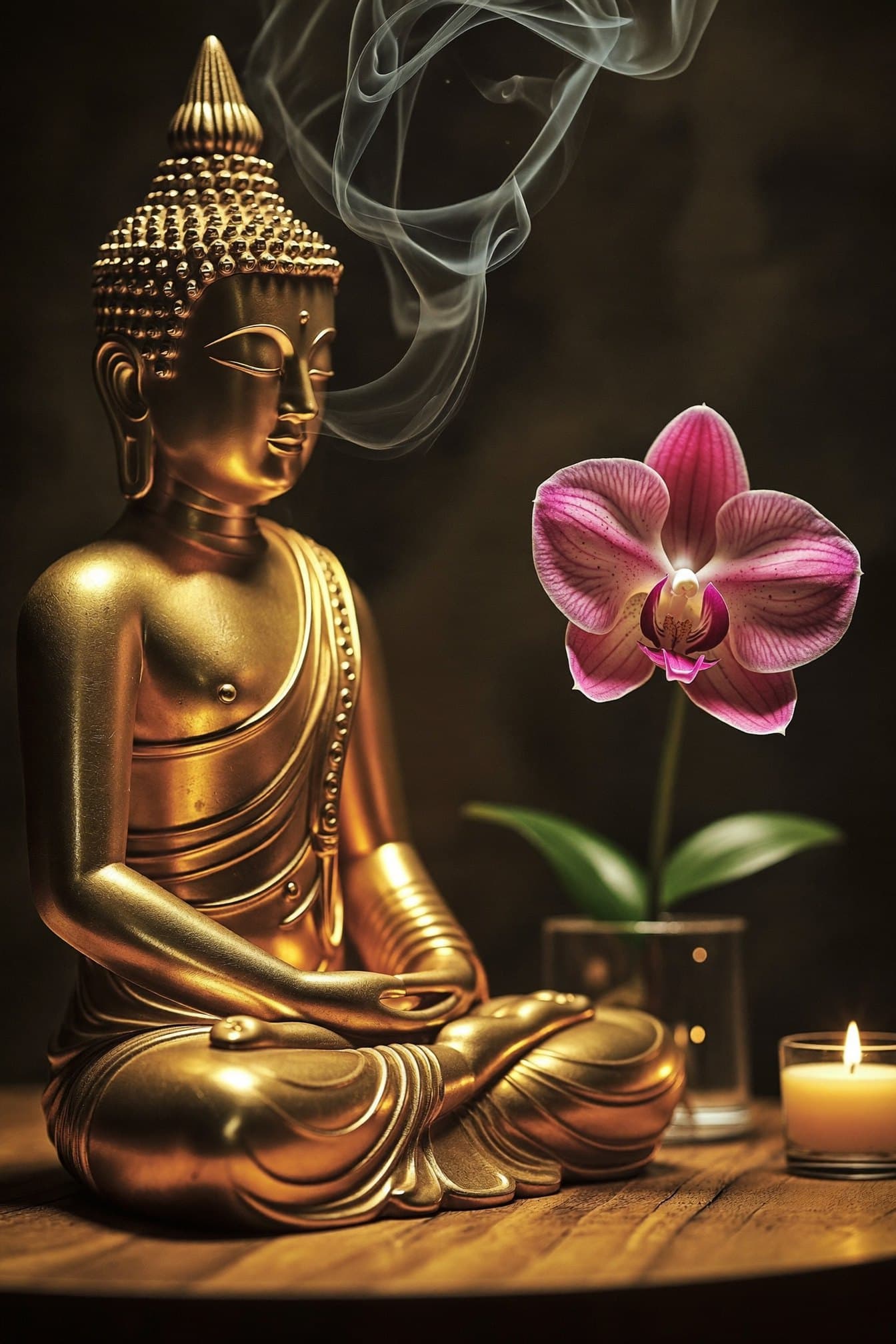 Golden Buddha with incense and an orchid at Sabai Sabai
