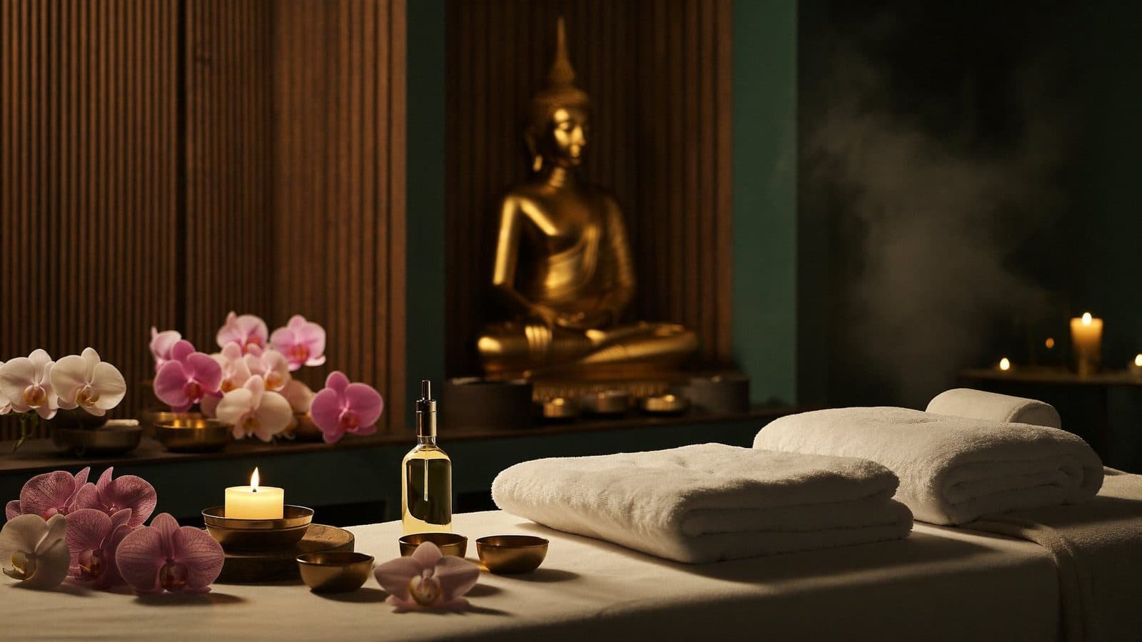 Candlelit Thai spa treatment room with a golden Buddha at Sabai Sabai, Tel Aviv